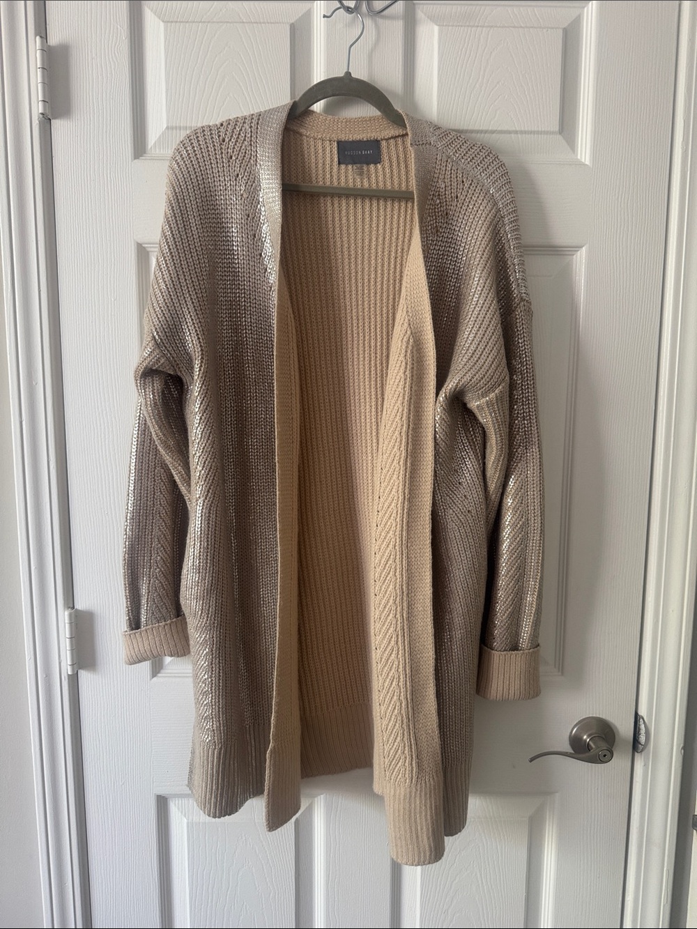 Open-Front Metallic Taupe Cardigan with Cream Trim